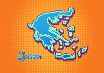 Retro map of greece with halftone background. Cartoon map icon in comic book and pop art style. Cartography business concept. Great for kids design,educational game,magnet or poster design.