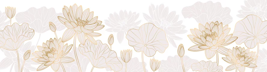 Foto op Canvas Luxurious background design with golden lotus. Lotus flowers line arts design for wallpaper, natural wall arts, banner, prints, invitation and packaging design. vector illustration. © TWINS DESIGN STUDIO