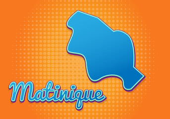 Retro map of Matinique with halftone background. Cartoon map icon in comic book and pop art style. Cartography business concept. Great for kids design,educational game,magnet or poster design.