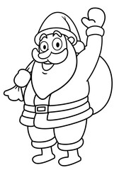 Santa claus standing and waving at camera, He is carrying a bag.