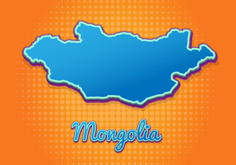 Retro map of Mongolia with halftone background. Cartoon map icon in comic book and pop art style. Cartography business concept. Great for kids design,educational game,magnet or poster design.