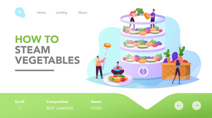 Tiny Characters Cooking on Double Boiler Healthy Vitamin Food Landing Page Template.People Prepare Vegetables on Steam