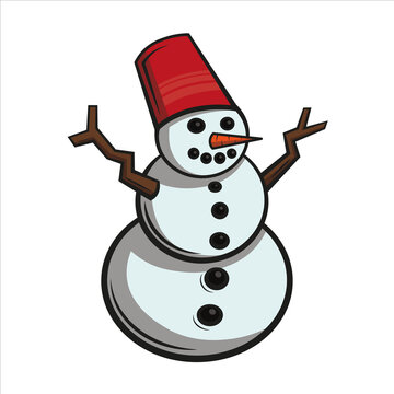 simple vector eps illustration icon of a snowman with carrot nose and branches with red hat on white background isolated