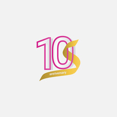 10 Years Anniversary Celebration Gold Ribbon Vector Template Design Illustration