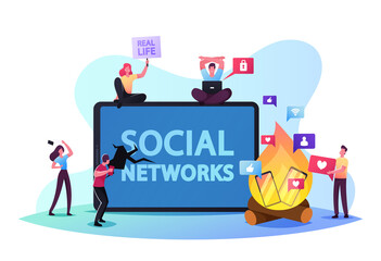 Characters Rejection of Gadgets, Devices, Internet and Social Networks. Digital Detox Concept. People Refuse from Phones