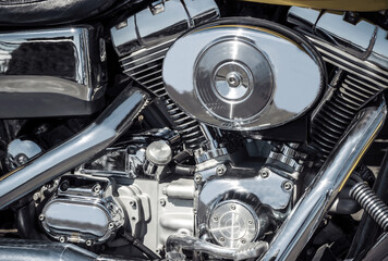 Motorcycle engine close-up reflection detail background