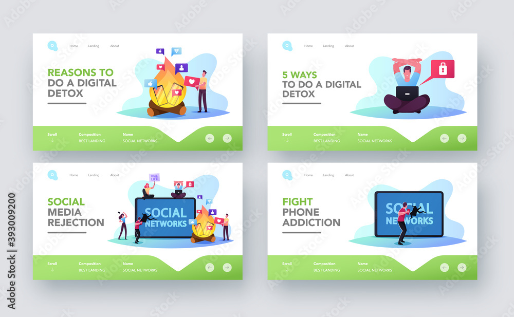 Poster characters rejection of gadget landing page template set. internet and social networks digital deto.