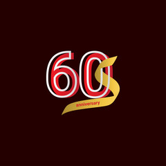 60 Years Anniversary Celebration Red Gold Ribbon Vector Template Design Illustration