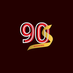 90 Years Anniversary Celebration Red Gold Ribbon Vector Template Design Illustration