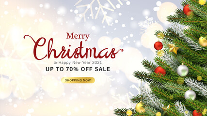 Modern Merry christmas and New year 2021 with gold bokeh background. greeting card design and sale banner with realistic 3d christmas objects composition. 