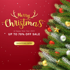 Modern Merry christmas and New year 2021 with red background. greeting card design and sale banner with realistic 3d christmas objects composition. 