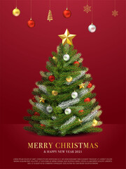 Modern Merry christmas and New year 2021 with red background. christmas tree greeting card design and sale banner with realistic 3d christmas objects composition. 
