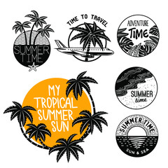 Obraz premium Summer icons on holiday, summer, beach and sea, vector graphic art shape, retro vintage style badge design logo, illustration isolated on white background.