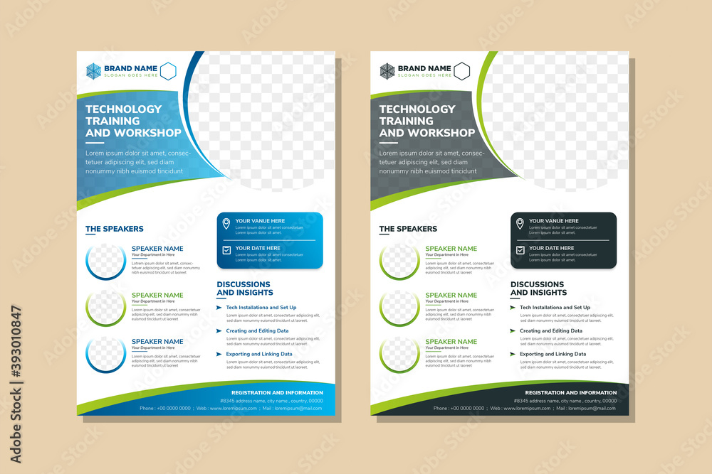 Poster technology training and workshop flyer design template use vertical layout. circle space for photo c