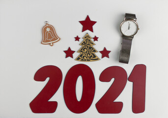 Happy new year 2021. Numbers 2021 on white background. New year's holiday concept, copy space, banner