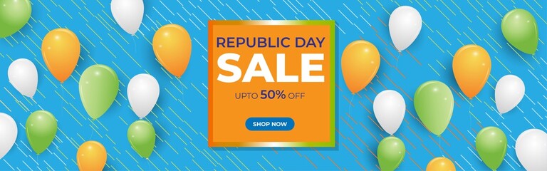 Vector Republic Day Sale banner, upto 50% off, shop now, frame, balloons, offer template for websites.