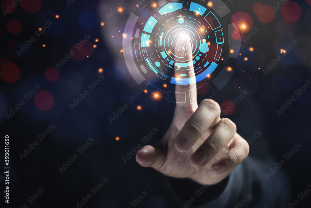 Poster safety concept business hackers use fingerprints to scan passwords with technology icons