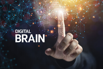 Technology brain development business idea Business woman touches graphic icon That shows the development of the brain nervous system Displayed storage linked to modern graphics technology
