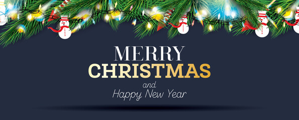 Fir Branches with Neon Lights and Snowmans. Christmas Decoration with Colorful Twinkles.