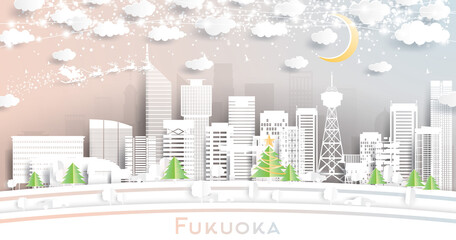 Fukuoka Japan City Skyline in Paper Cut Style with Snowflakes, Moon and Neon Garland.