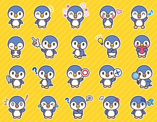 ペンギンのかわいいキャラクターセット(背景・白フチあり)-Cute penguins character