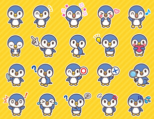 Fototapeta premium ペンギンのかわいいキャラクターセット(背景・白フチあり)-Cute penguins character