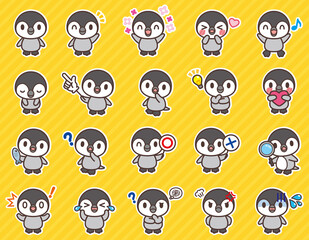 ペンギンのヒナのかわいいキャラクターセット(背景・白フチあり)-Cute character set of penguins chicks 
