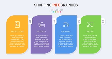 Concept of shopping process with 4 successive steps. Four colorful graphic elements. Timeline design for brochure, presentation, web site. Infographic design layout.