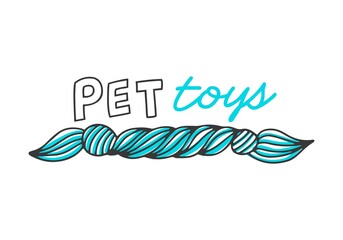 Vector logotype for online pet shop. Hand drawn icon of rope, toy for animals. Emblem with text, isolated on white background