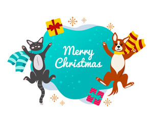 Corgi puppy and cat lie on their back and smile cheerfully, winter activities, greeting card, banner template. Vector illustration