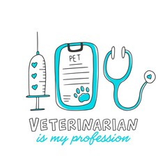 Vector logotype, isolated on white background. Hand drawn icons - syringe, stethoscope. Text - veterinarian is my profession