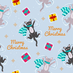 Happy Christmas seamless pattern on light background. Black and grey cats lie on the snow i surrounding by gifts and make  snow angels.  Vector background for printing on any surface.