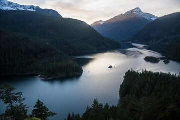 Beautiful landscape view of the sunset from Diablo Lake Overlook in North Cascades National Park (Washington).