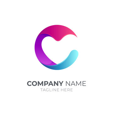 Initial letter C logo with love or heart shape in modern 3d gradient color logo style