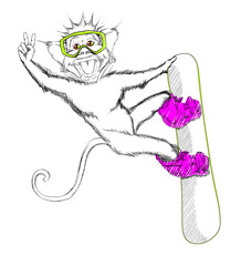 Funny Sketch Monkey with Snowboard, Ski Glasses and Boots. Fun Ape Snowboarder on a White Background Isolated. Vector Illustration. Freehand Drawing. Extreme Winter Sports. Freestyle Ski Jump.