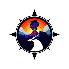 retro compass dangerous volcano adventure path vector illustration