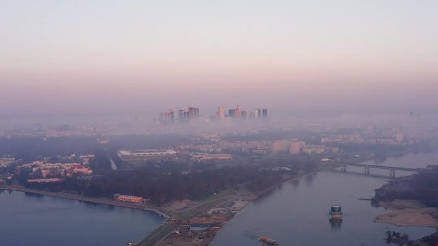 Morning flight over Warsaw. Pastel sunrise from a drone.