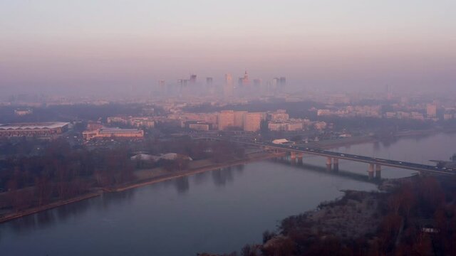 Autumn sunrise aerial scene from Warsaw. Air quality was poor that day.