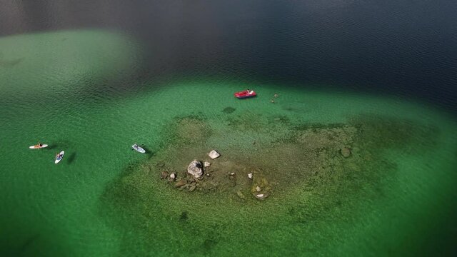 Island sandbar on beautiful lake, landscape, standuppaddling, surfer, people, Eibsee, Zugspitze, Bavaria, Germany, crystallcear blue water, Sports & Fitness, aerial drone shot
