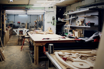 Garage carpentry workshop with tables and tools