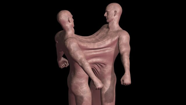 Dark side of CRISPR. Genetically engineered human clones dividing. Conjoined twins. People connecting fused together . Genetic mutations. Human cloning . Aliens hybrids. 3d animation rendering