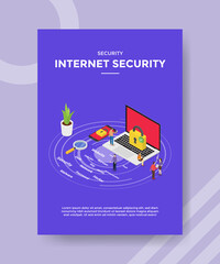 Internet security people padlock on laptop for template of banner and flyer for printing magazine cover and poster with flat cartoon style