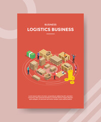 logistic business people working packed product for template of banner and flyer for printing magazine cover and poster with flat cartoon style