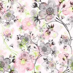  Seamless pattern watercolor gentle spring flowers with buds