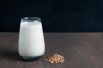 Buckwheat seeds and glass of gluten-free milk which is source of protein, amino acids, manganese...