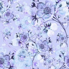  Seamless pattern watercolor gentle spring flowers with buds