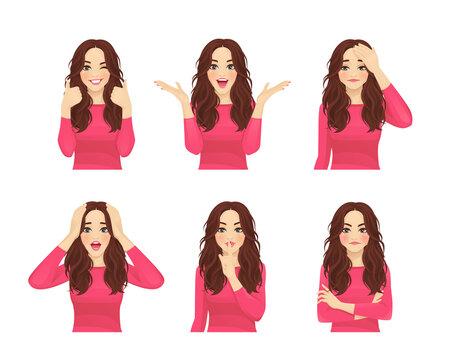 Set of young beautiful woman with long hair. Facial expression with various gestures isolated vector illustration