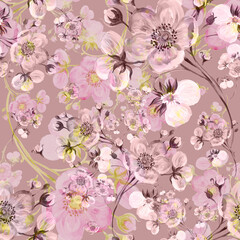  Seamless pattern watercolor gentle spring flowers with buds