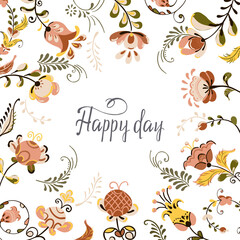 Vector floral ornament square frame with flowers in russian folk art painting style.