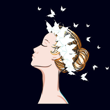 A Beautiful Woman with Bun Hairstyle and Wreath of White Butterflies. Young Lady. The Female Portrait. Beauty Face. Freehand Drawing. Vector Sketch. Fashion Illustration. Romantic Style Image.
